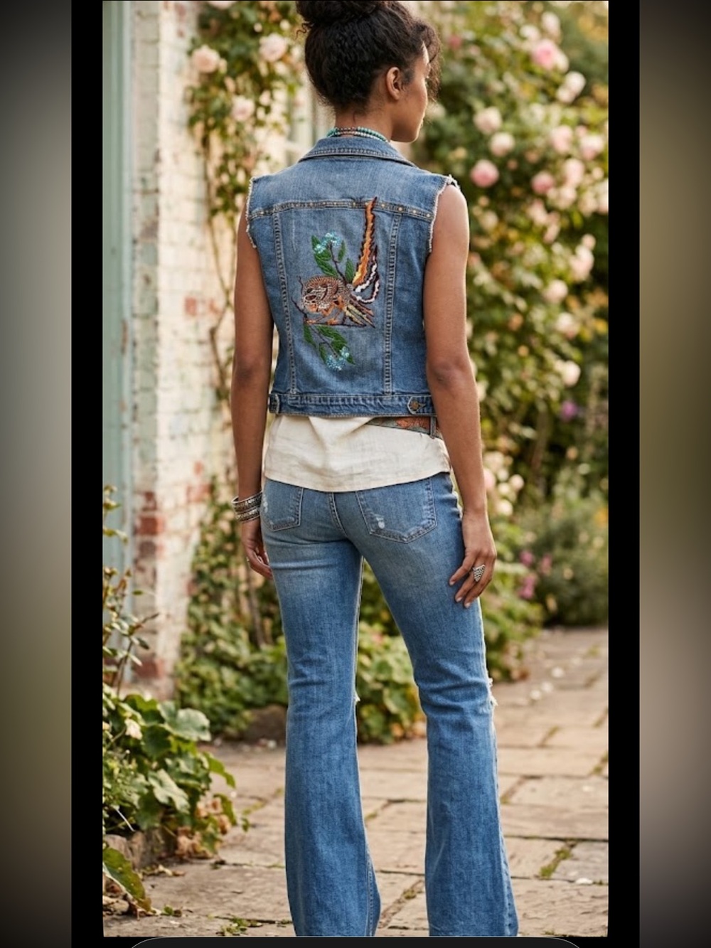Nitrogen signature XS denim jean jacket with embroidery bird and nature back